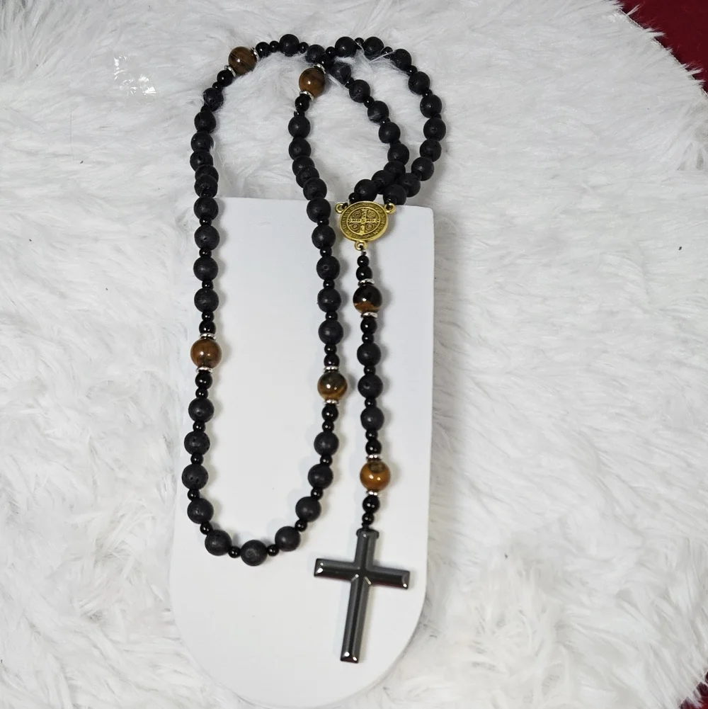 Tiger Eye Lava Stone Rosary Necklace St Benedict Medal Hematite Cross Masculine